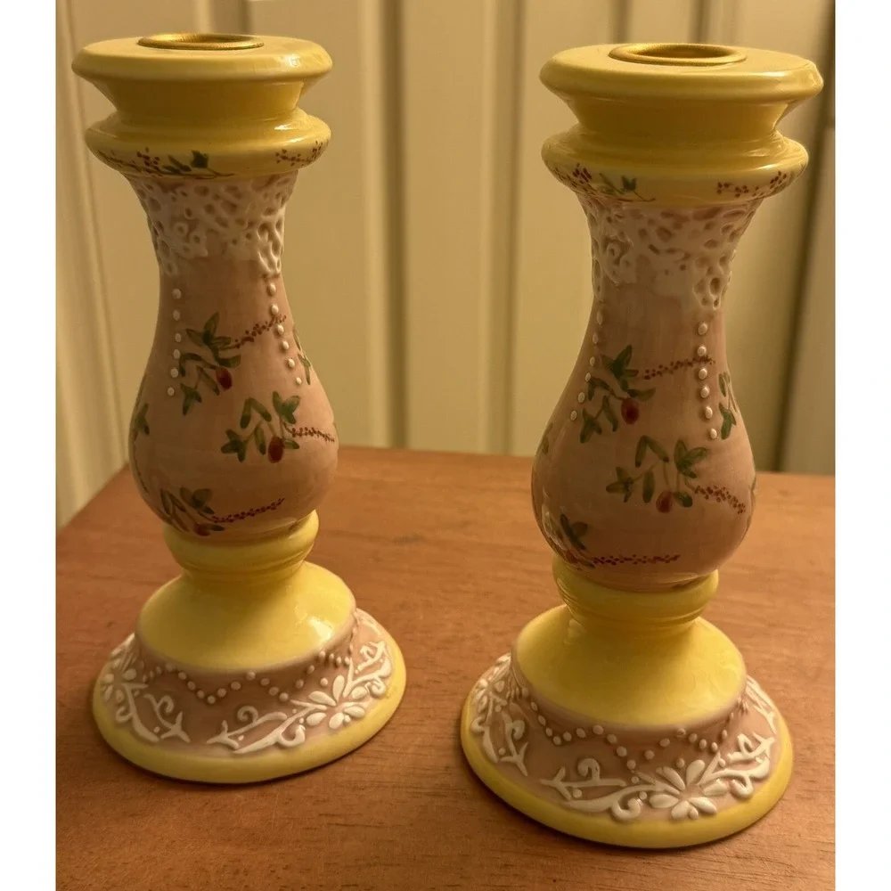 Pair of Ceramic Candlestick Holders 6‎ 5/8 Pink Yellow Floral Design Handpainted